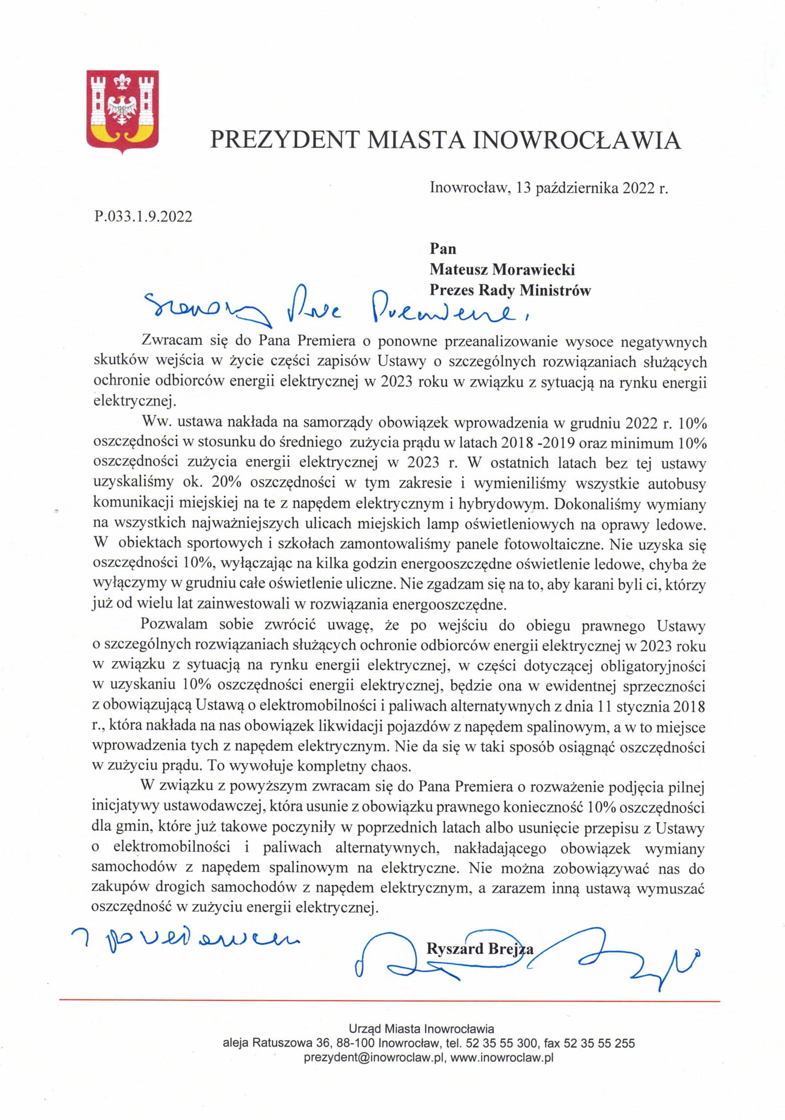 pismo prezydenta Ryszarda Brejzy, skierowane do premiera Mateusza Morawieckiego ws. oszczędności energii przez samorządy.